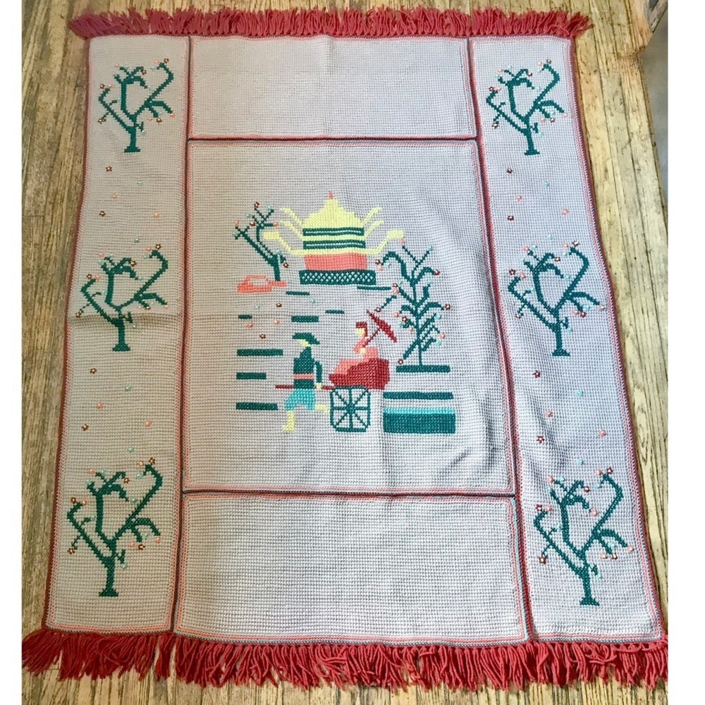 Vintage Chinoiserie Crochet Afghan Throw Rickshaw Floral Trees Folk Art Exotic